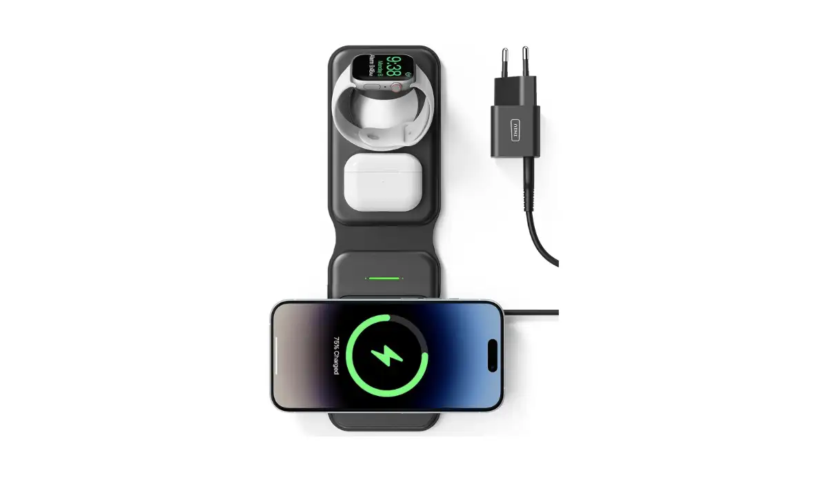 caricatore iPhone 3 in 1, ricarica wireless iPhone, base MagSafe Apple Watch, caricatore AirPods, accessori viaggio iPhone, offerta INIU, offerta Amazon
