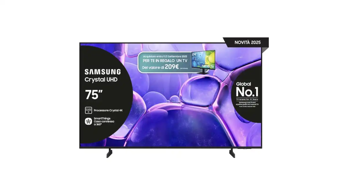 Sconto -19% su Samsung Smart TV 75” Crystal UHD 4K (2025): processore Crystal 4K, HDR e OTS Lite a 649,00€